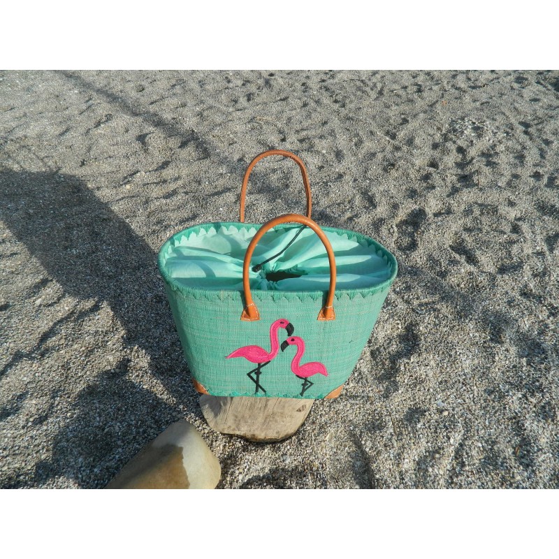 Panier de plage en raphia bleu-vertturquoise