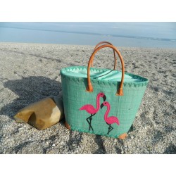 Panier de plage en raphia bleu-vertturquoise