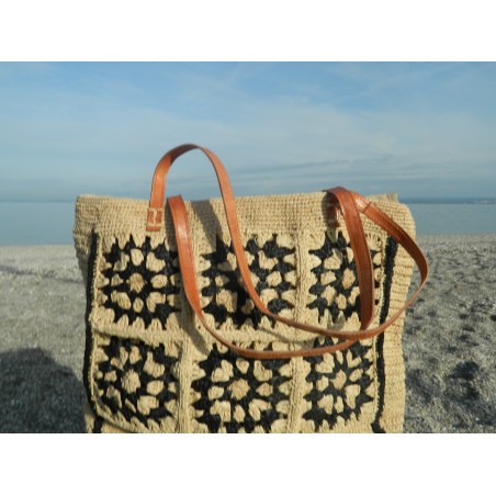 grand panier de plage naturel -motifs géométrique brodé anses cuir
