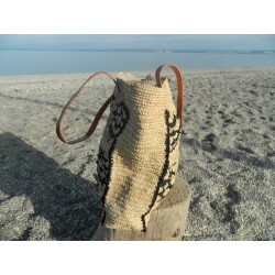 grand panier de plage naturel -motifs géométrique brodé anses cuir