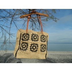 grand panier de plage naturel -motifs géométrique brodé anses cuir