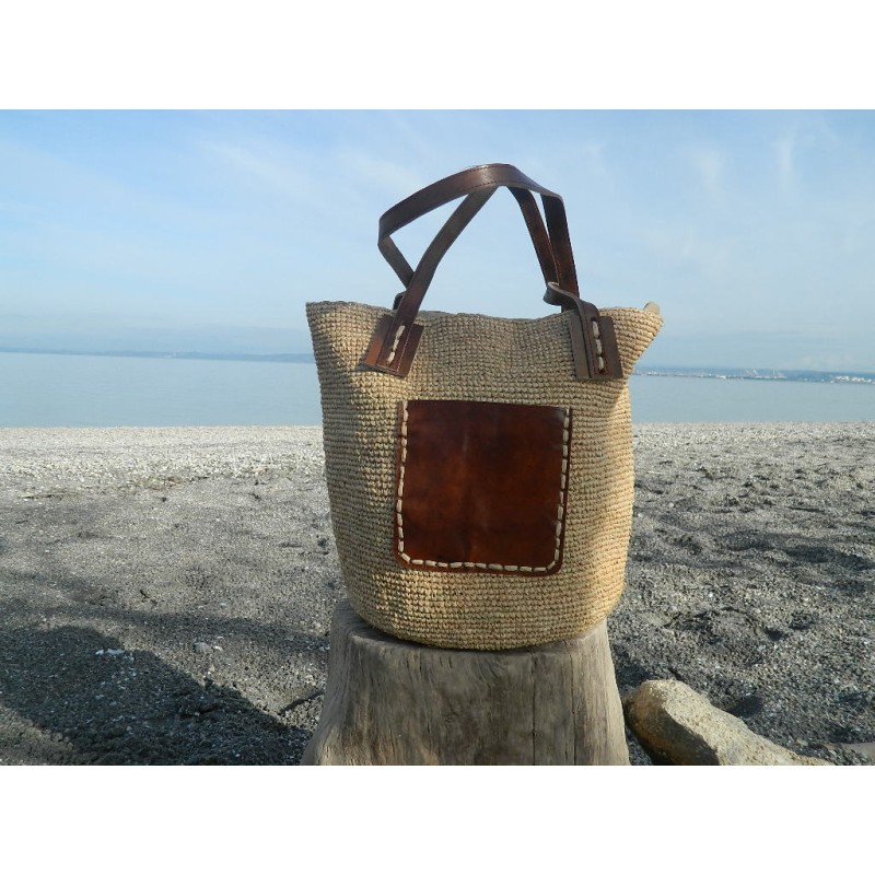 sac cabas en raphia crocheté main- poche et anses en cuir véritable -style bohème chic