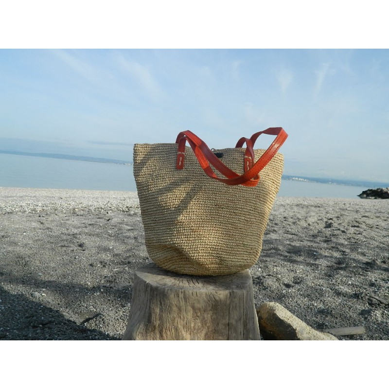 grand sac cabas en raphia crocheté -anses en cuir rouge corail