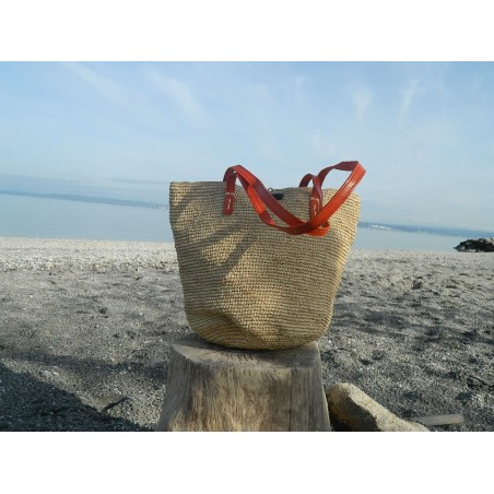 grand sac cabas en raphia crocheté -anses en cuir rouge corail