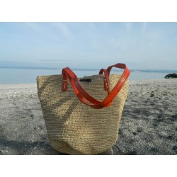 grand sac cabas en raphia crocheté -anses en cuir rouge corail