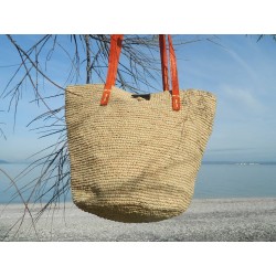 grand sac cabas en raphia crocheté -anses en cuir rouge corail