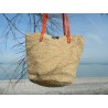 grand sac cabas en raphia crocheté -anses en cuir rouge corail