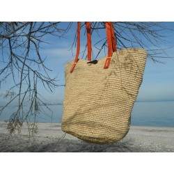 grand sac cabas en raphia crocheté -anses en cuir rouge corail