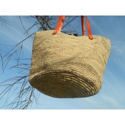 grand sac cabas en raphia crocheté -anses en cuir rouge corail