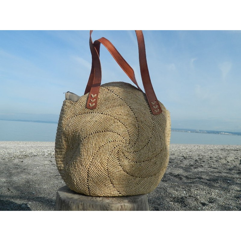 grand sac cabas en raphia tressage spirale-anses cuir & broderies