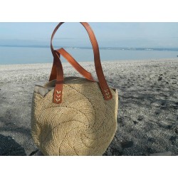 grand sac cabas en raphia tressage spirale-anses cuir & broderies