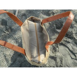 grand sac cabas en raphia tressage spirale-anses cuir & broderies