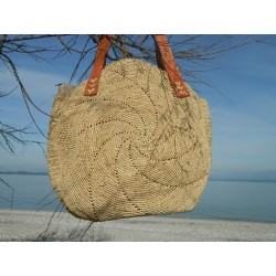 grand sac cabas en raphia tressage spirale-anses cuir & broderies