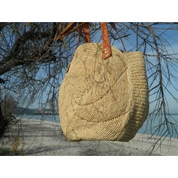 grand sac cabas en raphia tressage spirale-anses cuir & broderies