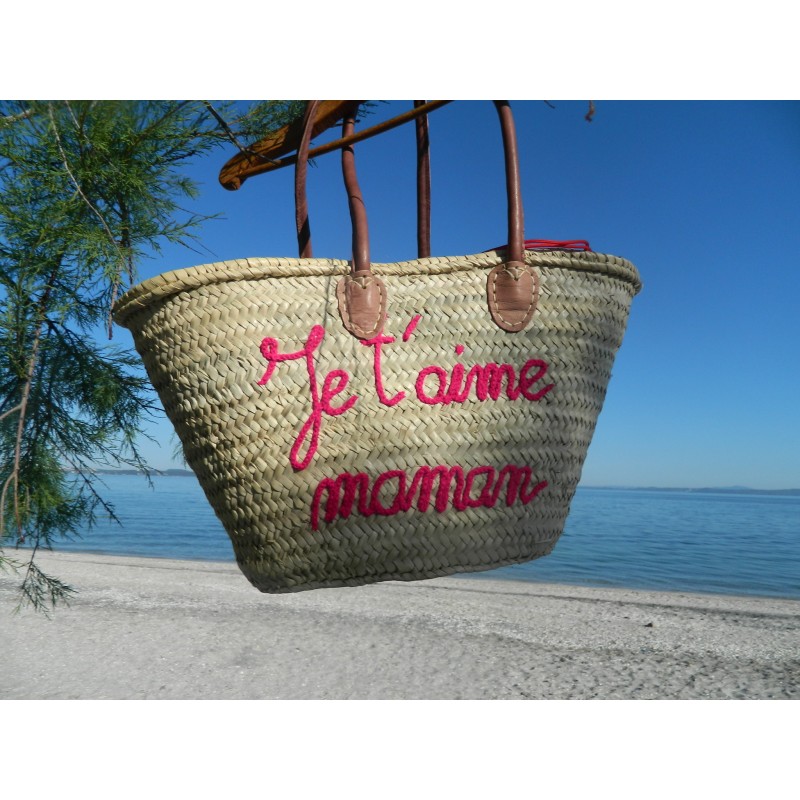 panier cabas brodé je t aime maman fermeture pochon tissu