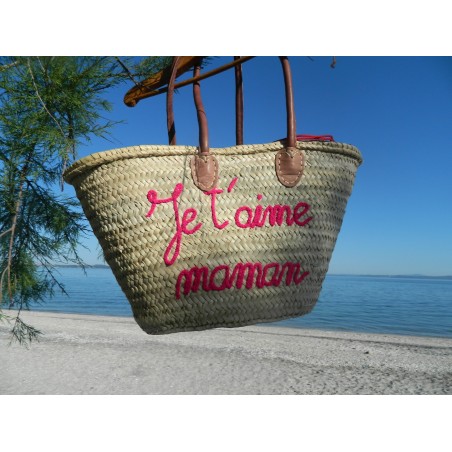 panier cabas brodé je t aime maman fermeture pochon tissu