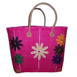 Grand panier en raphia de plage rose